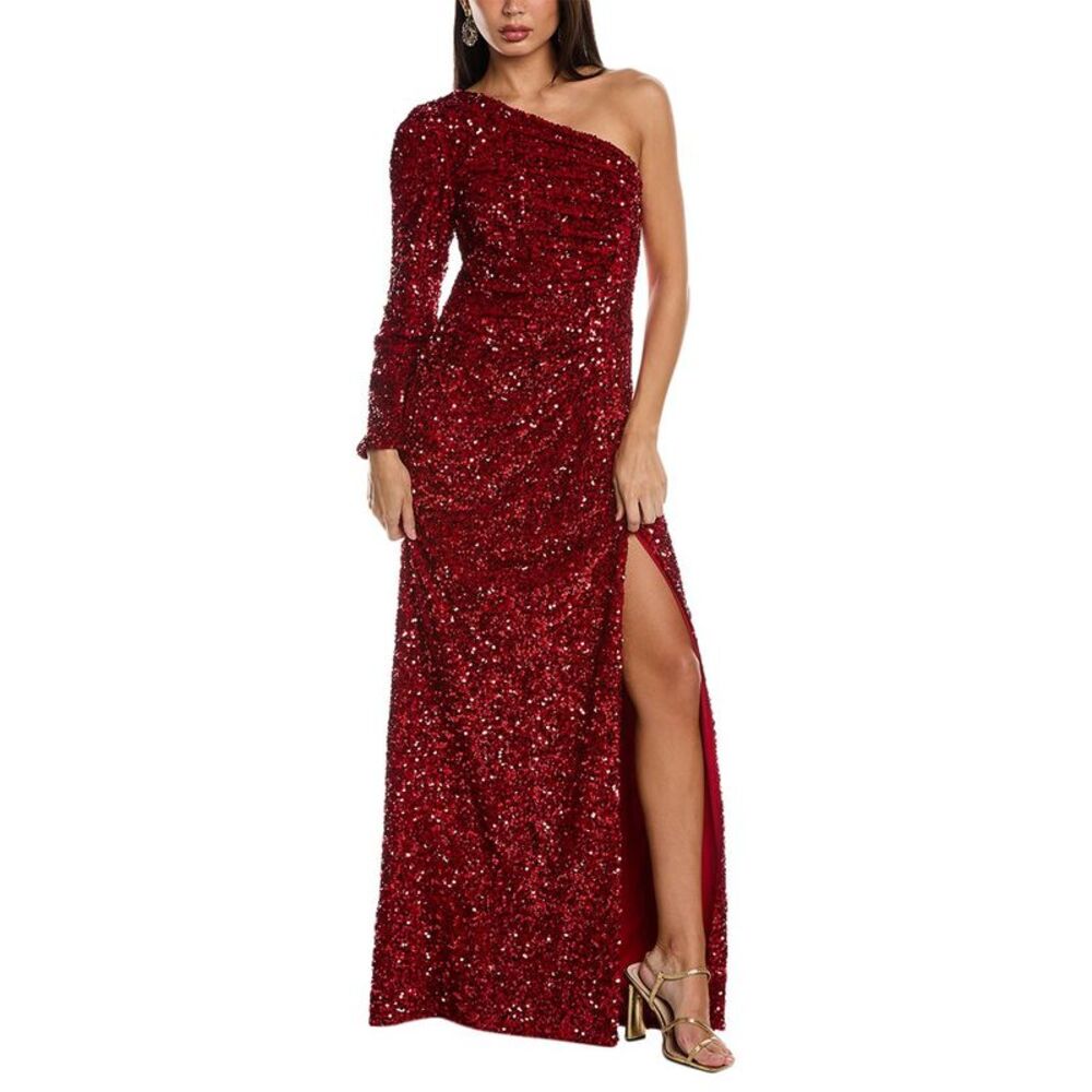 Red Asymmetrical Sequin Gown with Slit